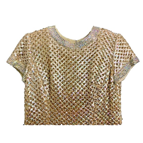 Vintage Mod Gold Knit Sequin Lined Rhinestone Collar Shift Dress Pat Sandler - Picture 2 of 9
